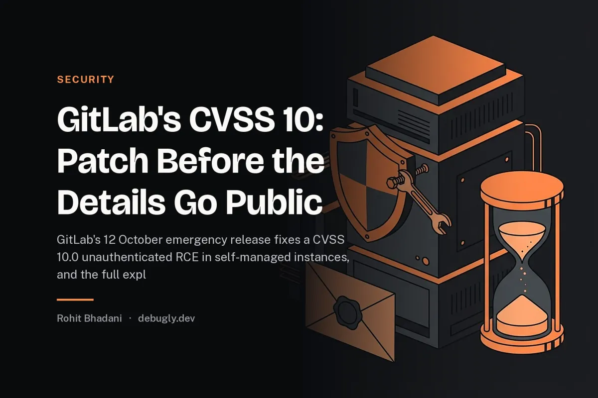 GitLab's CVSS 10: Patch Before the Details Go Public. Feature image on debugly.dev