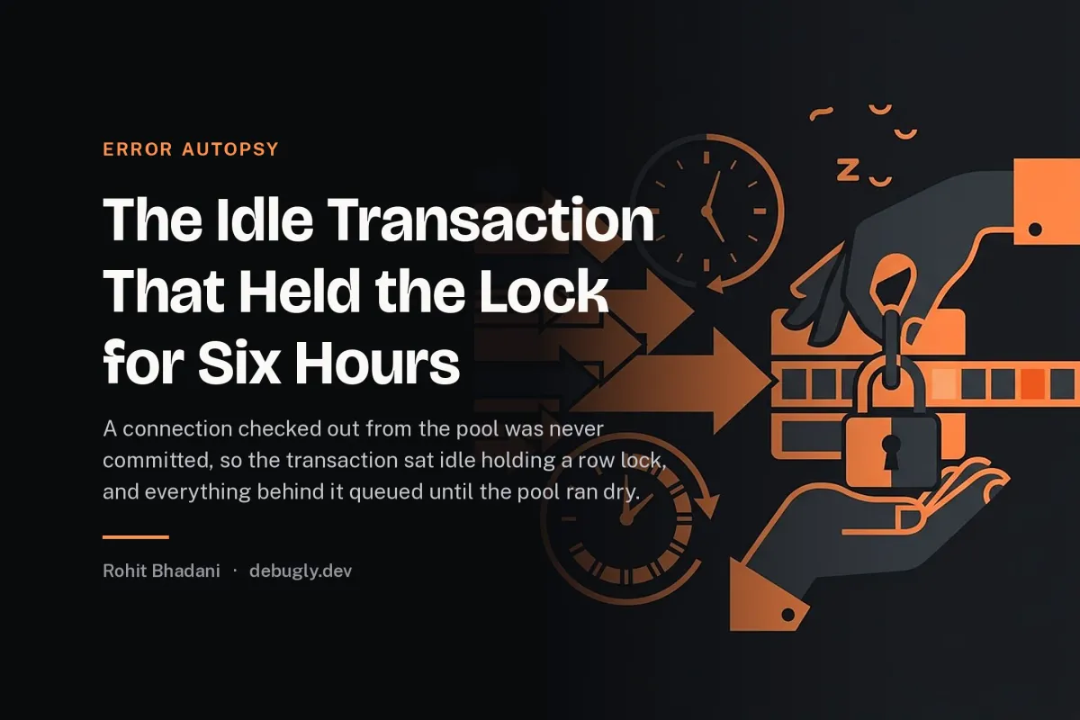 The Idle Transaction That Held the Lock for Six Hours. Abstract error autopsy illustration in orange and dark grey on debugly.dev