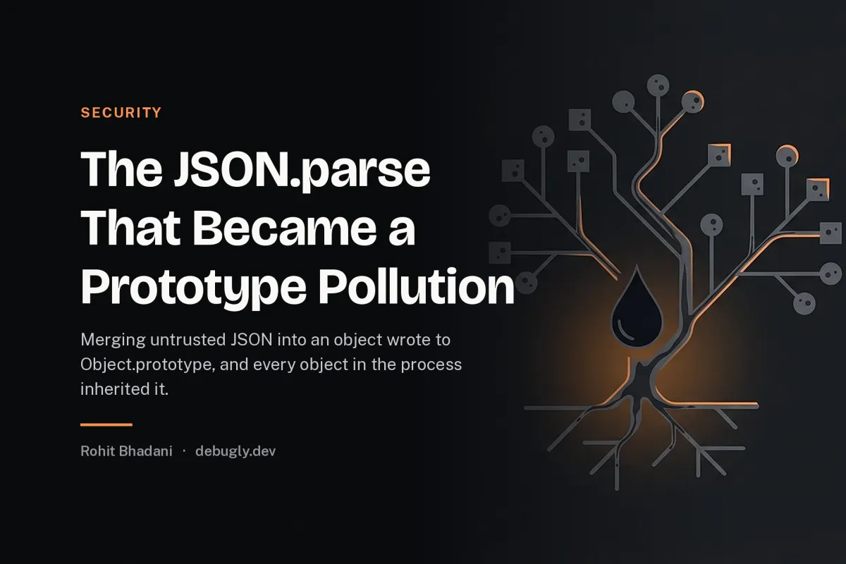 The JSON.parse That Became a Prototype Pollution. Abstract security illustration in orange and dark grey on debugly.dev
