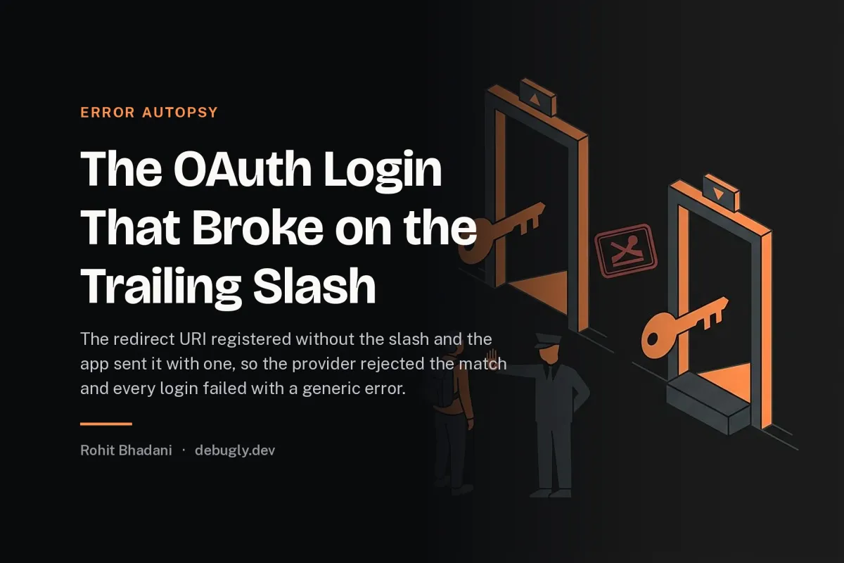 The OAuth Login That Broke on the Trailing Slash. Abstract error autopsy illustration in orange and dark grey on debugly.dev