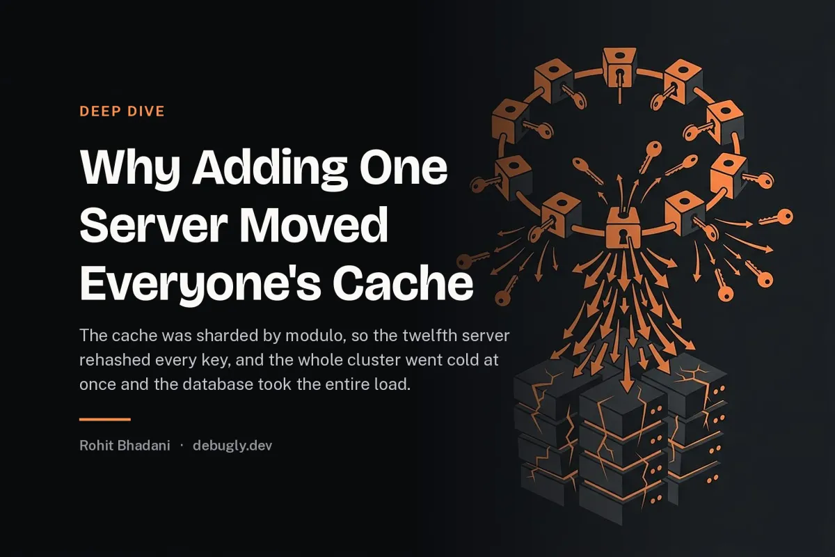 Why Adding One Server Moved Everyone's Cache. Abstract deep dive illustration in orange and dark grey on debugly.dev