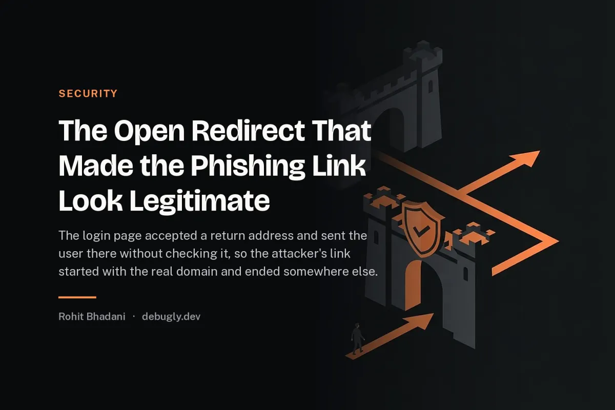 The Open Redirect That Made the Phishing Link Look Legitimate. Abstract security illustration in orange and dark grey on debugly.dev