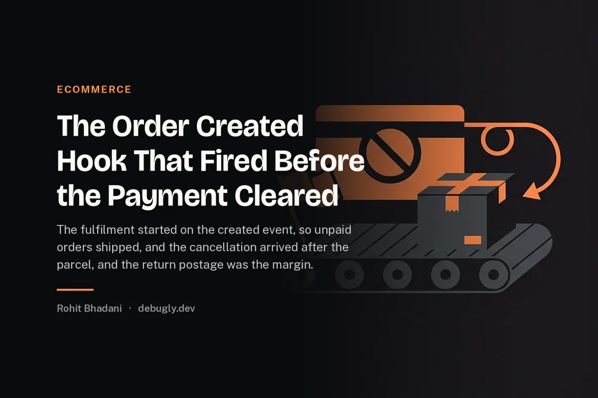 The Order Created Hook That Fired Before the Payment Cleared. Abstract ecommerce illustration in orange and dark grey on debugly.dev