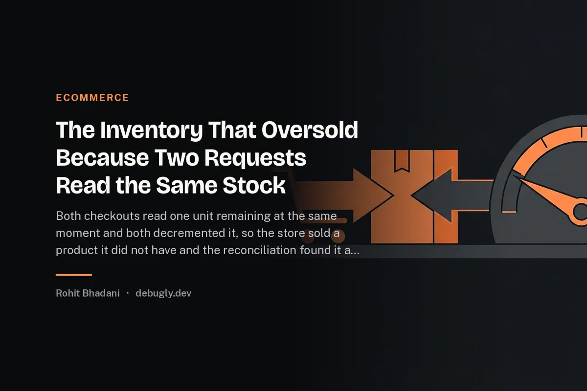 The Inventory That Oversold Because Two Requests Read the Same Stock. Abstract ecommerce illustration in orange and dark grey on debugly.dev