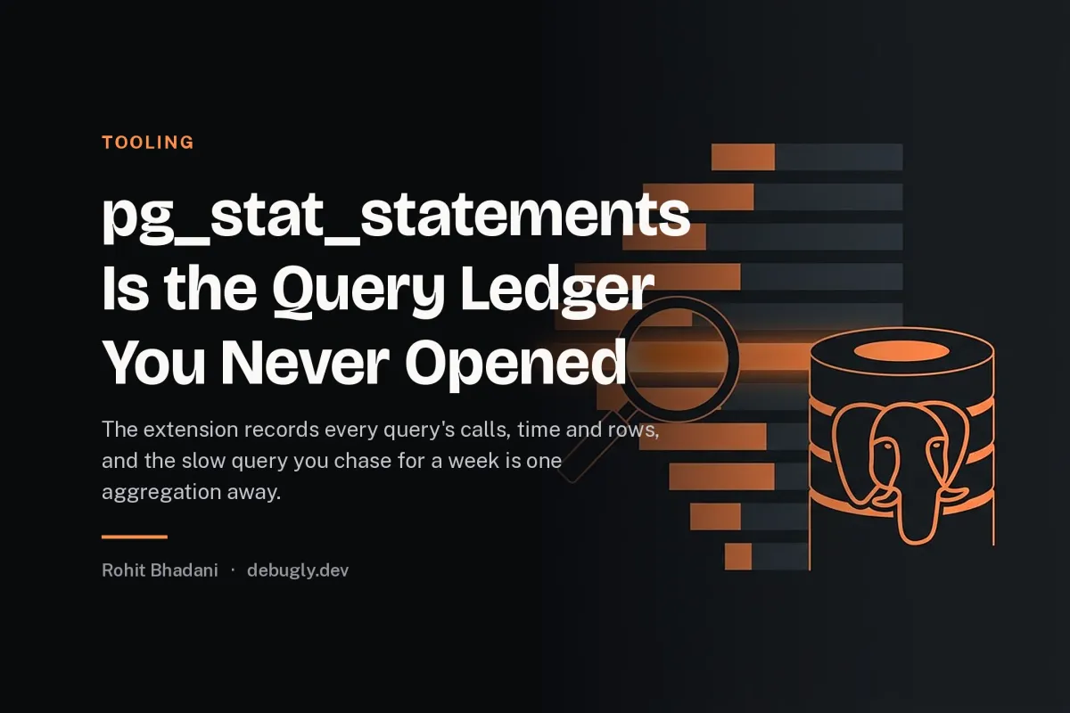 pg_stat_statements Is the Query Ledger You Never Opened. Abstract tooling illustration in orange and dark grey on debugly.dev