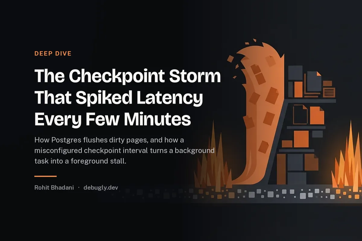 The Checkpoint Storm That Spiked Latency Every Few Minutes. Abstract deep dive illustration in orange and dark grey on debugly.dev
