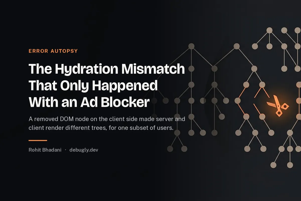 The Hydration Mismatch That Only Happened With an Ad Blocker. Abstract error autopsy illustration in orange and dark grey on debugly.dev
