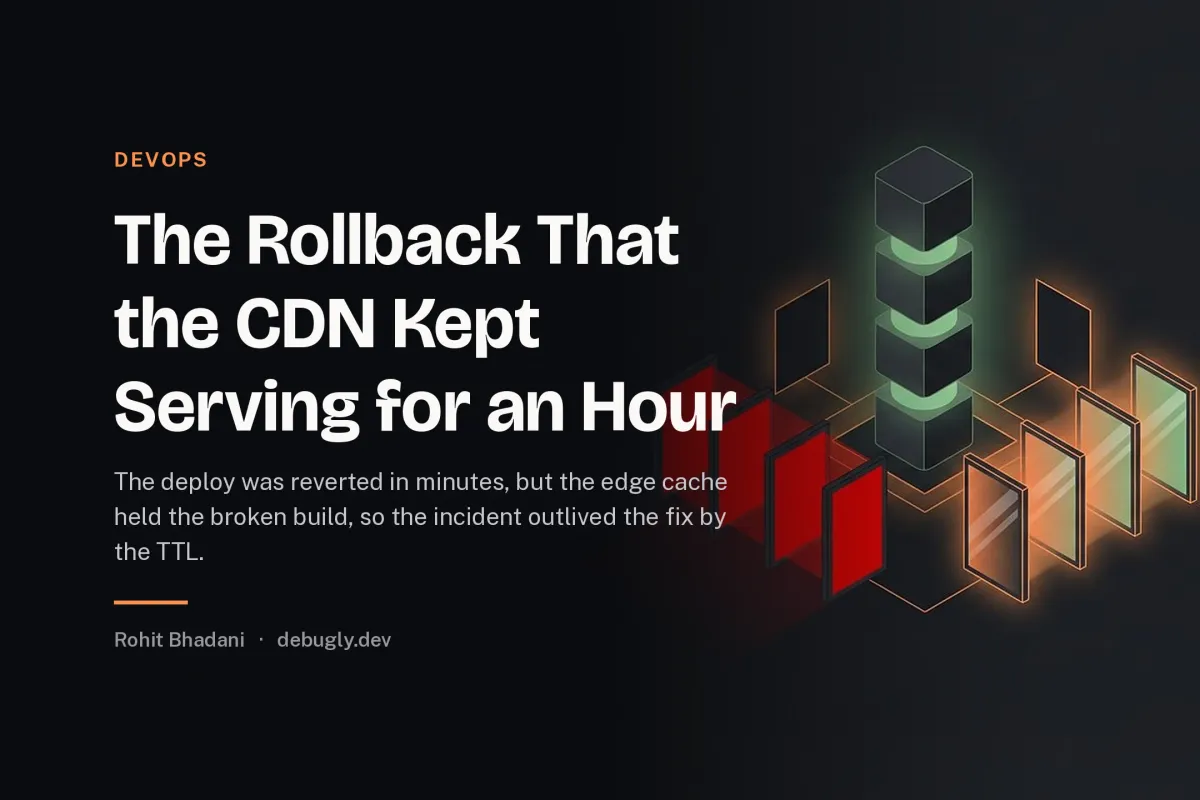 The Rollback That the CDN Kept Serving for an Hour. Abstract devops illustration in orange and dark grey on debugly.dev