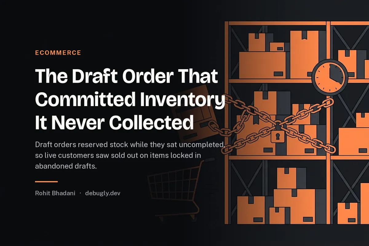 The Draft Order That Committed Inventory It Never Collected. Abstract ecommerce illustration in orange and dark grey on debugly.dev