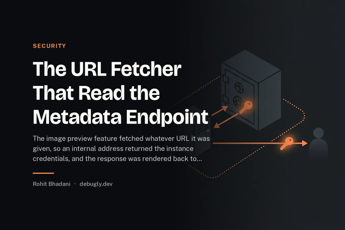 The URL Fetcher That Read the Metadata Endpoint. Abstract security illustration in orange and dark grey on debugly.dev