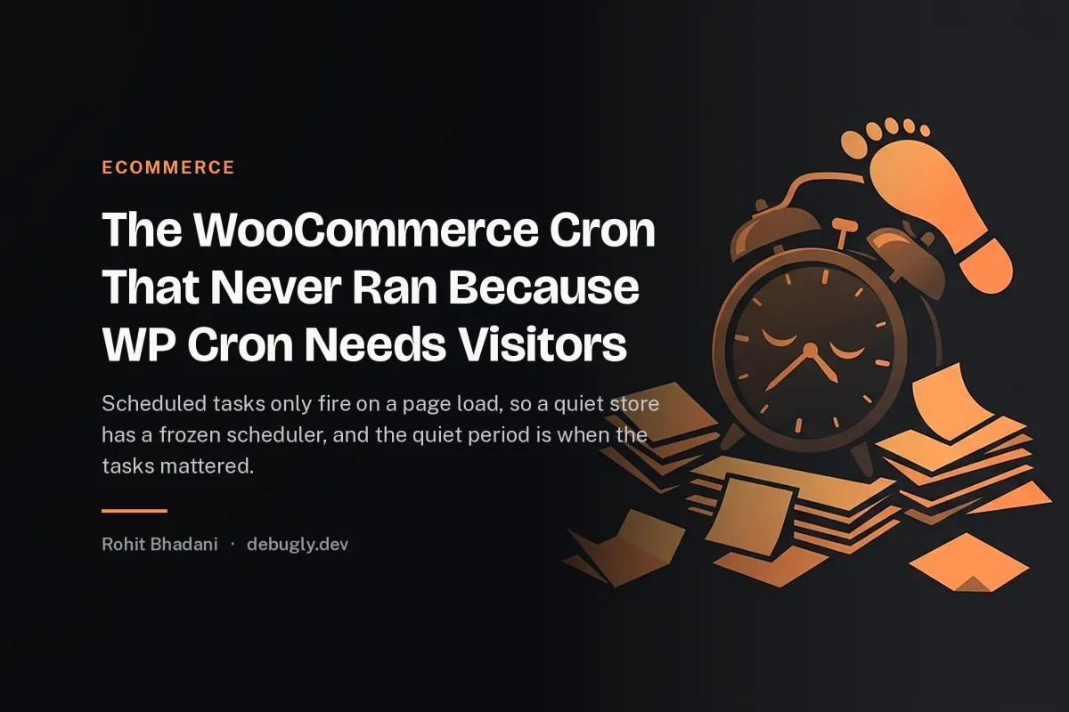 The WooCommerce Cron That Never Ran Because WP Cron Needs Visitors. Abstract ecommerce illustration in orange and dark grey on debugly.dev