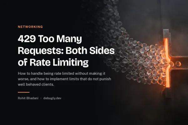 429 Too Many Requests: Both Sides of Rate Limiting. Abstract networking illustration in orange and dark grey on debugly.dev