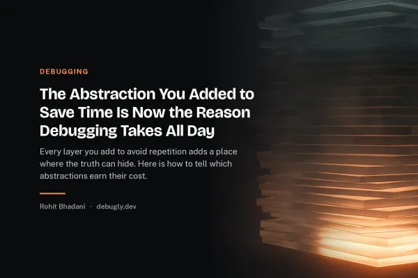 The Abstraction You Added to Save Time Is Now the Reason Debugging Takes All Day. Abstract debugging illustration in orange and dark grey on debugly.dev
