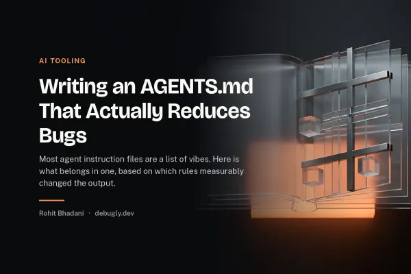 Writing an AGENTS.md That Actually Reduces Bugs. Abstract ai tooling illustration in orange and dark grey on debugly.dev