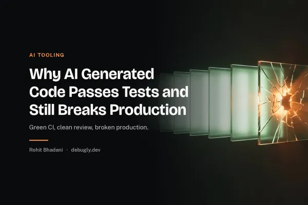 Why AI Generated Code Passes Tests and Still Breaks Production. Abstract ai tooling illustration in orange and dark grey on debugly.dev