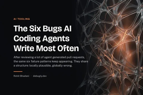 The Six Bugs AI Coding Agents Write Most Often. Abstract ai tooling illustration in orange and dark grey on debugly.dev