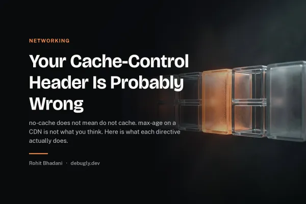 Your Cache-Control Header Is Probably Wrong. Abstract networking illustration in orange and dark grey on debugly.dev