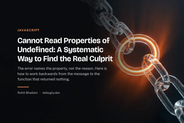 Cannot Read Properties of Undefined: A Systematic Way to Find the Real Culprit. Abstract javascript illustration in orange and dark grey on debugly.dev