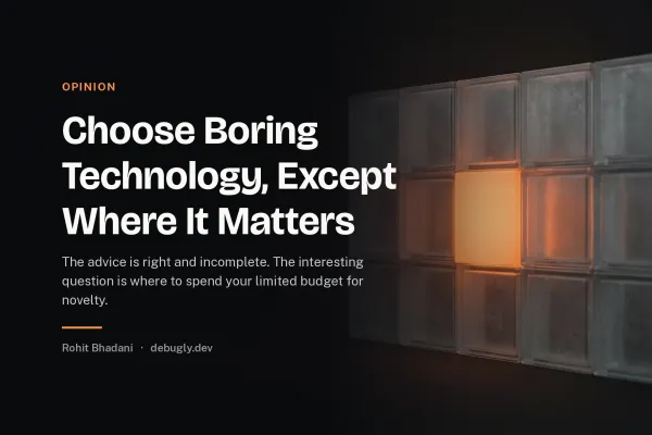 Choose Boring Technology, Except Where It Matters. Abstract opinion illustration in orange and dark grey on debugly.dev