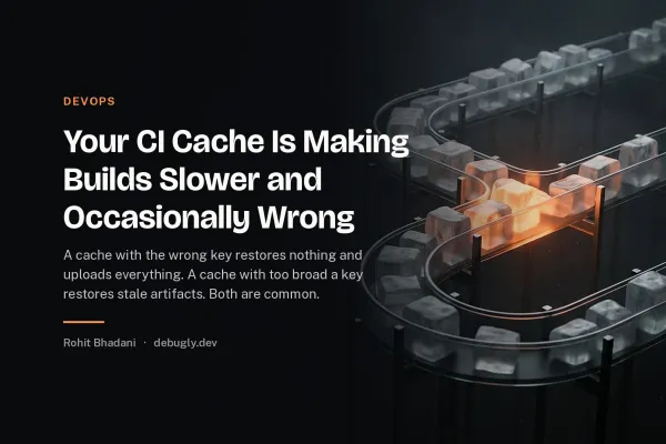 Your CI Cache Is Making Builds Slower and Occasionally Wrong. Abstract devops illustration in orange and dark grey on debugly.dev