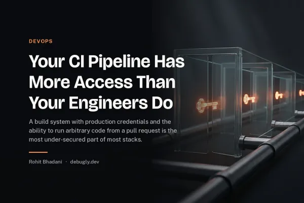 Your CI Pipeline Has More Access Than Your Engineers Do. Abstract devops illustration in orange and dark grey on debugly.dev
