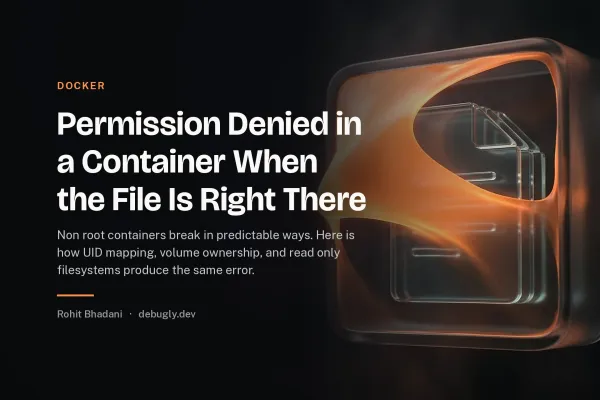 Permission Denied in a Container When the File Is Right There. Abstract docker illustration in orange and dark grey on debugly.dev