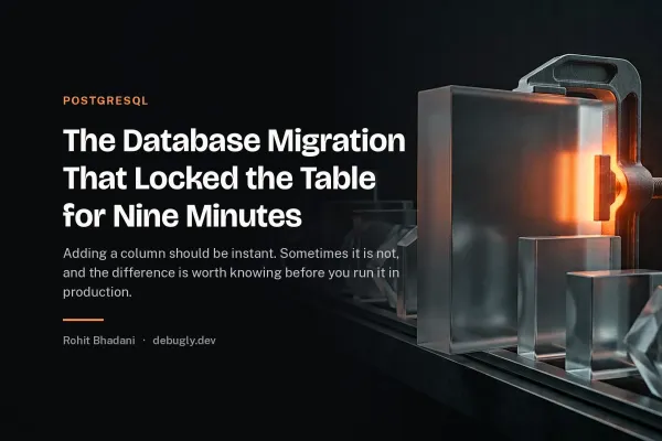 The Database Migration That Locked the Table for Nine Minutes. Abstract postgresql illustration in orange and dark grey on debugly.dev