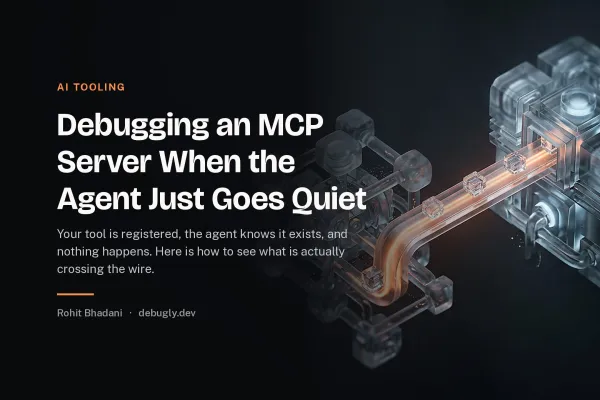 Debugging an MCP Server When the Agent Just Goes Quiet. Abstract ai tooling illustration in orange and dark grey on debugly.dev