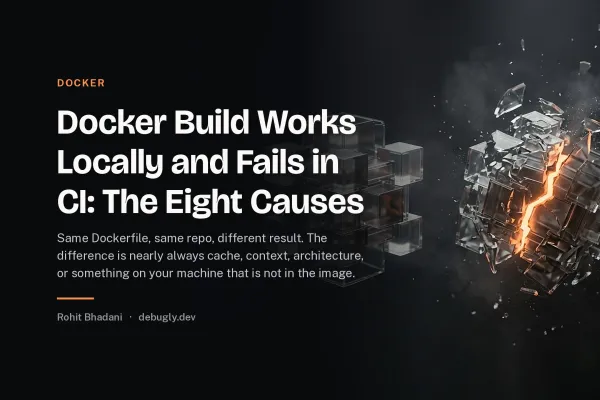 Docker Build Works Locally and Fails in CI: The Eight Causes. Abstract docker illustration in orange and dark grey on debugly.dev