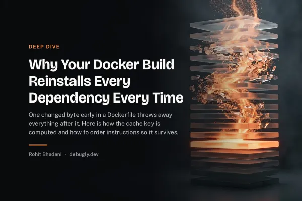 Why Your Docker Build Reinstalls Every Dependency Every Time. Abstract deep dive illustration in orange and dark grey on debugly.dev