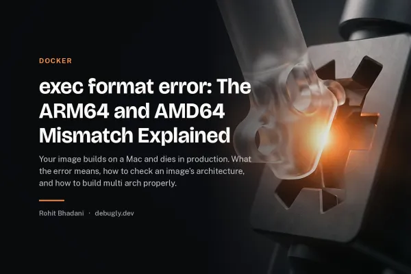 exec format error: The ARM64 and AMD64 Mismatch Explained. Abstract docker illustration in orange and dark grey on debugly.dev