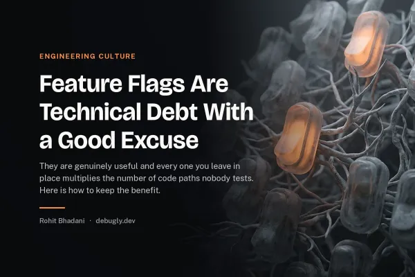 Feature Flags Are Technical Debt With a Good Excuse. Abstract engineering culture illustration in orange and dark grey on debugly.dev