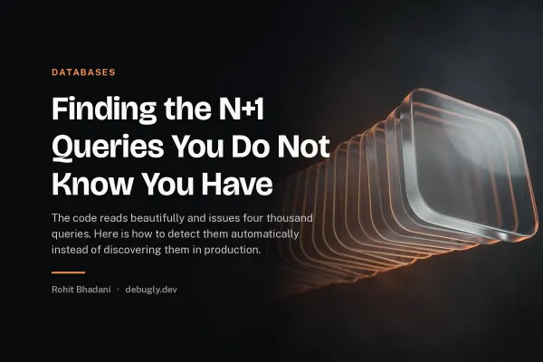 Finding the N+1 Queries You Do Not Know You Have. Abstract databases illustration in orange and dark grey on debugly.dev