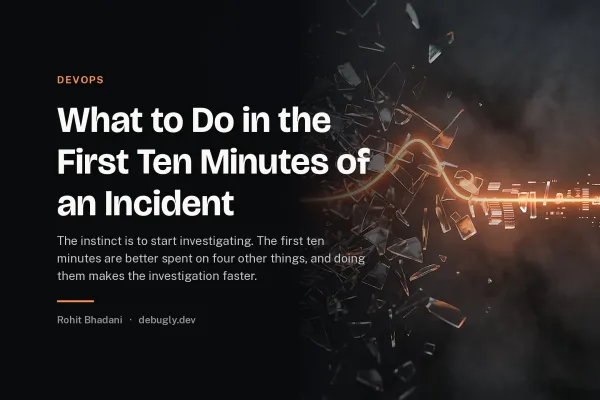 What to Do in the First Ten Minutes of an Incident. Abstract devops illustration in orange and dark grey on debugly.dev