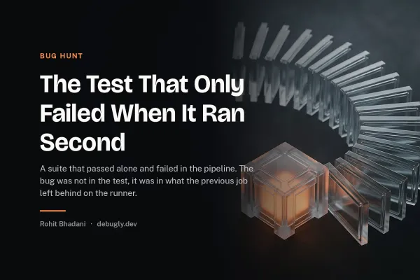 The Test That Only Failed When It Ran Second. Abstract bug hunt illustration in orange and dark grey on debugly.dev