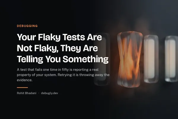Your Flaky Tests Are Not Flaky, They Are Telling You Something. Abstract debugging illustration in orange and dark grey on debugly.dev