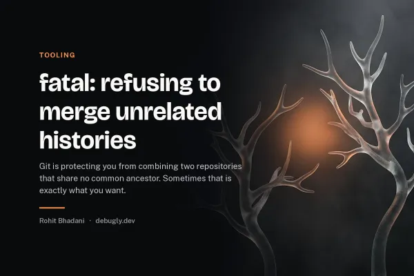 fatal: refusing to merge unrelated histories. Abstract tooling illustration in orange and dark grey on debugly.dev