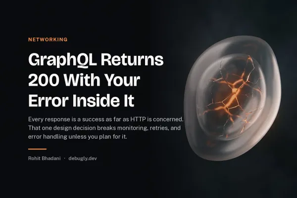 GraphQL Returns 200 With Your Error Inside It. Abstract networking illustration in orange and dark grey on debugly.dev