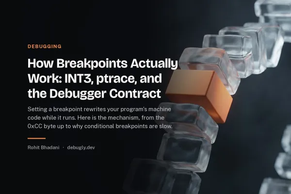 How Breakpoints Actually Work: INT3, ptrace, and the Debugger Contract. Abstract debugging illustration in orange and dark grey on debugly.dev