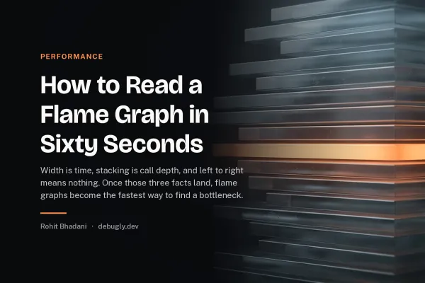 How to Read a Flame Graph in Sixty Seconds. Abstract performance illustration in orange and dark grey on debugly.dev