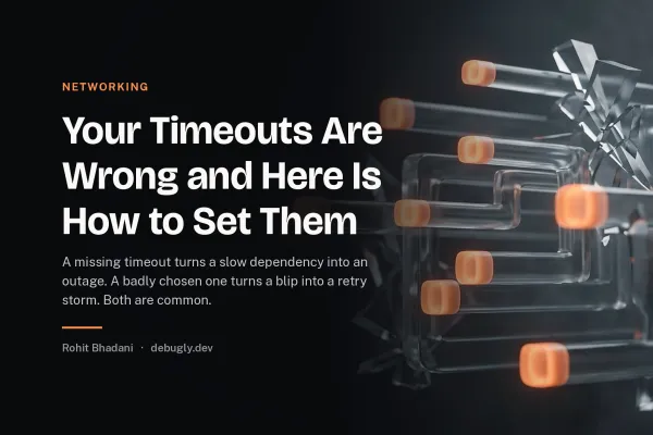 Your Timeouts Are Wrong and Here Is How to Set Them. Abstract networking illustration in orange and dark grey on debugly.dev