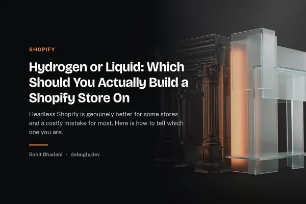 Hydrogen or Liquid: Which Should You Actually Build a Shopify Store On. Abstract shopify illustration in orange and dark grey on debugly.dev