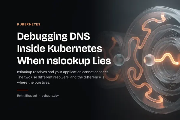 Debugging DNS Inside Kubernetes When nslookup Lies. Abstract kubernetes illustration in orange and dark grey on debugly.dev