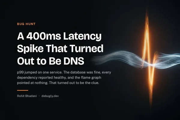 A 400ms Latency Spike That Turned Out to Be DNS. Abstract bug hunt illustration in orange and dark grey on debugly.dev