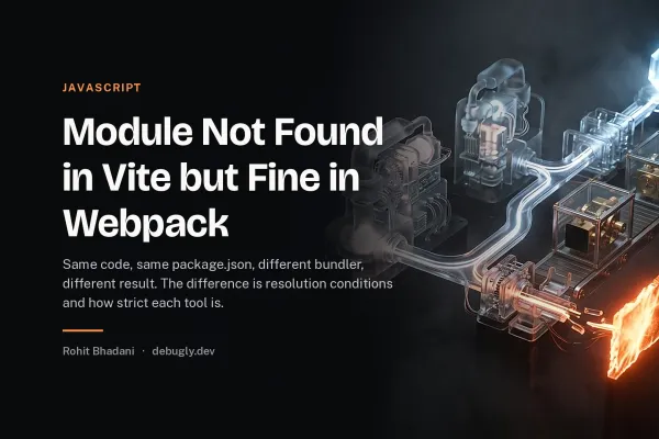 Module Not Found in Vite but Fine in Webpack. Abstract javascript illustration in orange and dark grey on debugly.dev