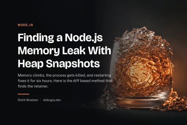 Finding a Node.js Memory Leak With Heap Snapshots. Abstract node.js illustration in orange and dark grey on debugly.dev