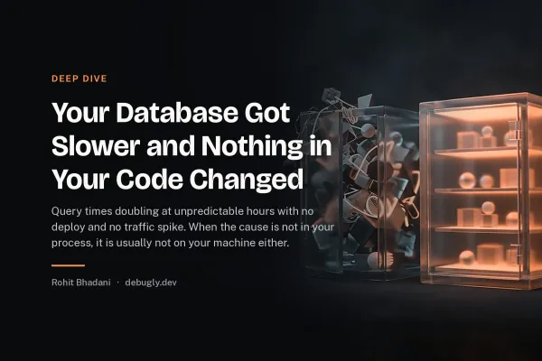 Your Database Got Slower and Nothing in Your Code Changed. Abstract deep dive illustration in orange and dark grey on debugly.dev