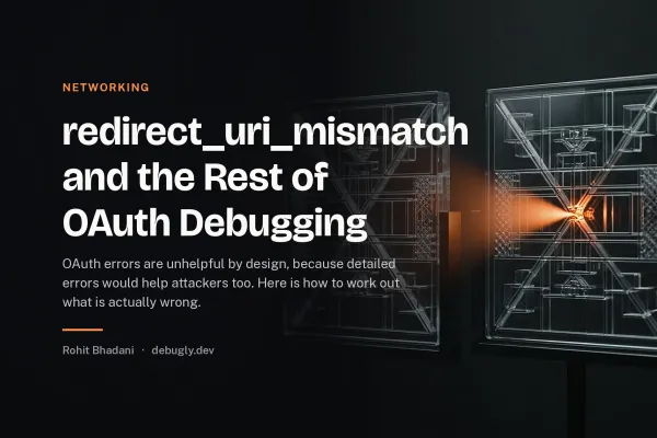 redirect_uri_mismatch and the Rest of OAuth Debugging. Abstract networking illustration in orange and dark grey on debugly.dev