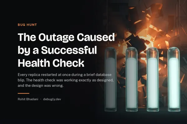The Outage Caused by a Successful Health Check. Abstract bug hunt illustration in orange and dark grey on debugly.dev