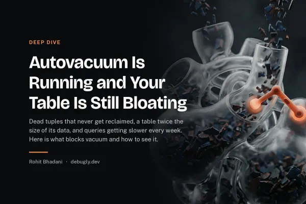 Autovacuum Is Running and Your Table Is Still Bloating. Abstract deep dive illustration in orange and dark grey on debugly.dev